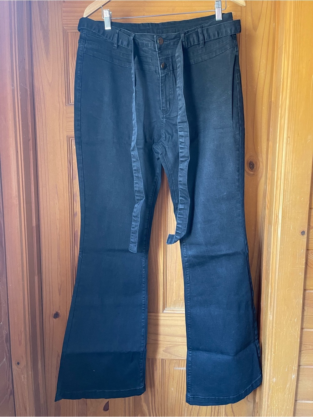 Black Wide Leg Flare Jeans with Waist Tie